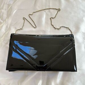 Vintage faux patent leather clutch/handbag fold over flap closure approx 10x6 i
